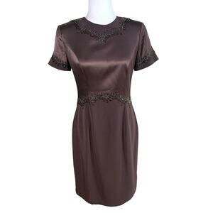 Vintage Black Tie Oleg Cassini Sz 8 Satin Beaded Short Sleeve Dress Brown Formal